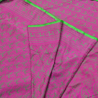 Vintage Purple & Green Banarasi Silk Saree Pure Satin Silk Handwoven Tanchoi Fabric with Floral Weave 5 Yard Dressmaking Craft Material