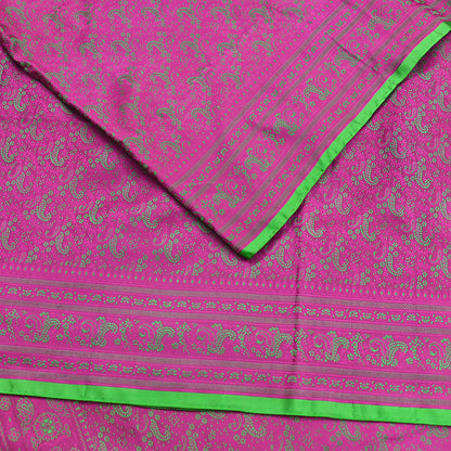 Vintage Purple & Green Banarasi Silk Saree Pure Satin Silk Handwoven Tanchoi Fabric with Floral Weave 5 Yard Dressmaking Craft Material