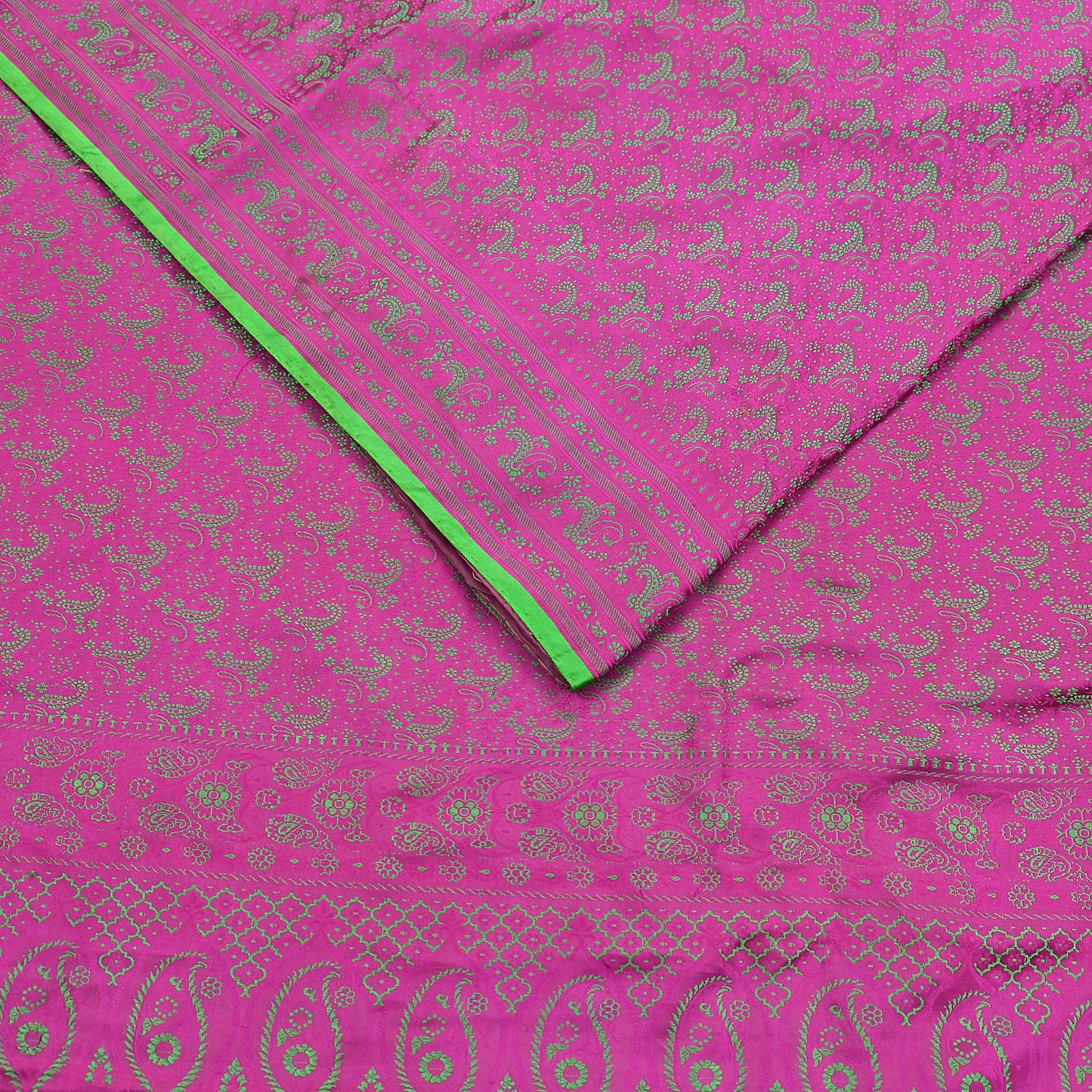 Vintage Purple & Green Banarasi Silk Saree Pure Satin Silk Handwoven Tanchoi Fabric with Floral Weave 5 Yard Dressmaking Craft Material