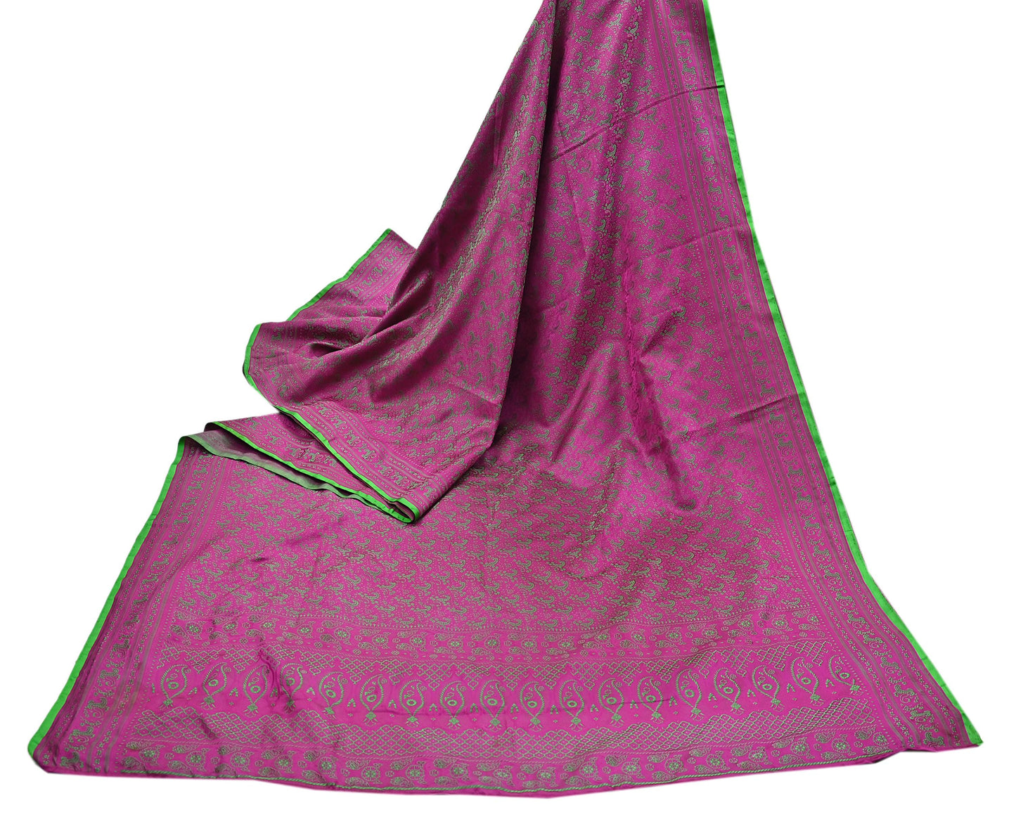 Vintage Purple & Green Banarasi Silk Saree Pure Satin Silk Handwoven Tanchoi Fabric with Floral Weave 5 Yard Dressmaking Craft Material