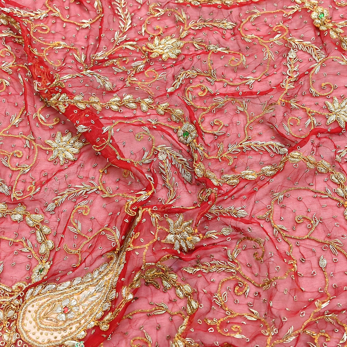 Indian Vintage Heavy Bridal Red Dupatta Pure Chiffon Silk Long Stole Hand Embroidered Scarf Zardozi/Dabka Zari Sequins Wedding Veil Hijab