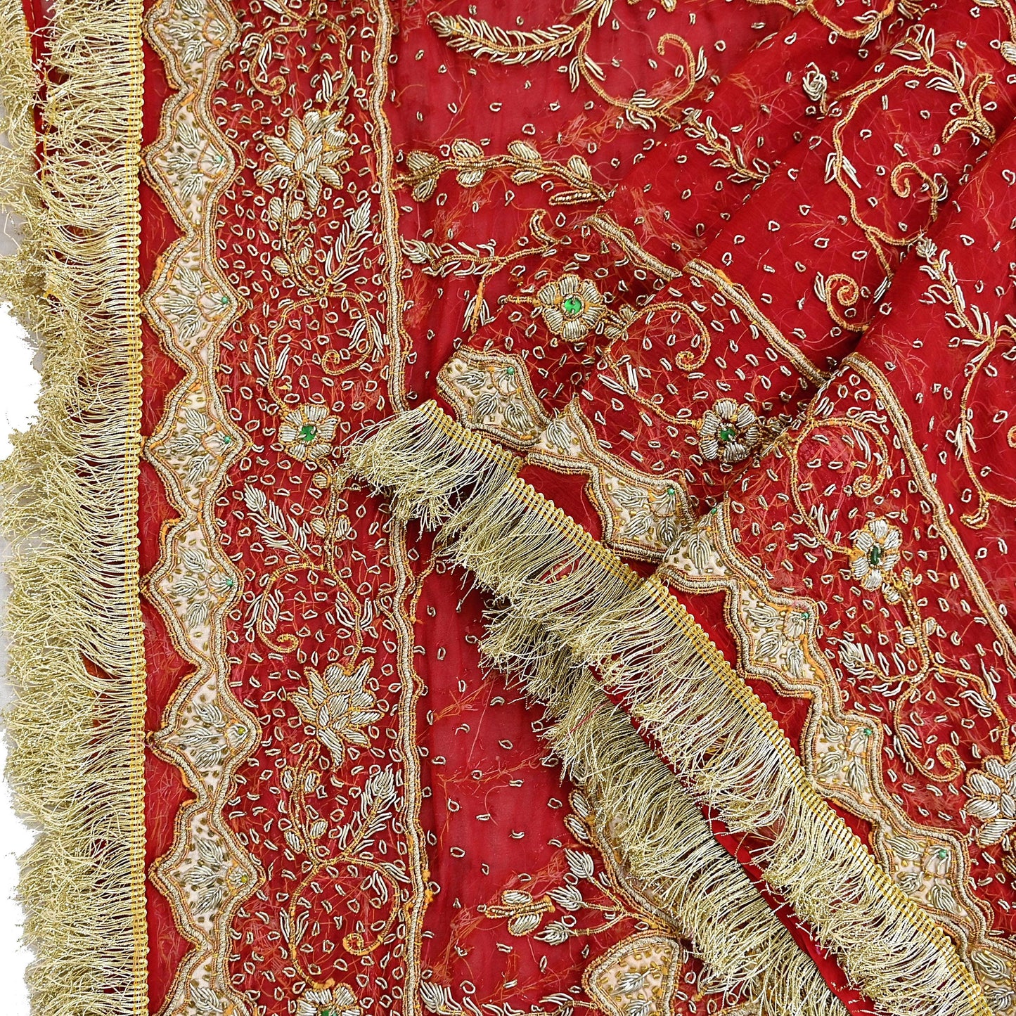 Indian Vintage Heavy Bridal Red Dupatta Pure Chiffon Silk Long Stole Hand Embroidered Scarf Zardozi/Dabka Zari Sequins Wedding Veil Hijab