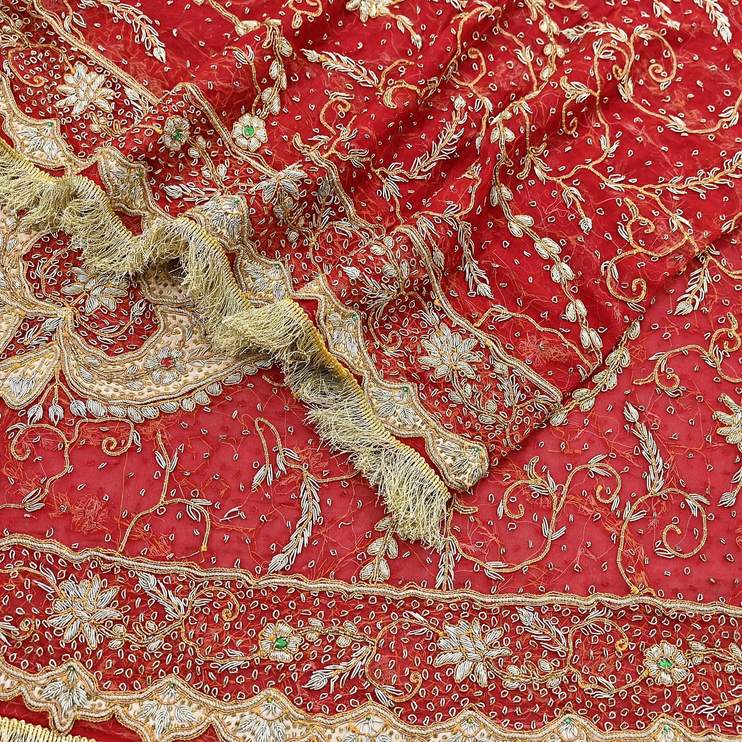 Indian Vintage Heavy Bridal Red Dupatta Pure Chiffon Silk Long Stole Hand Embroidered Scarf Zardozi/Dabka Zari Sequins Wedding Veil Hijab