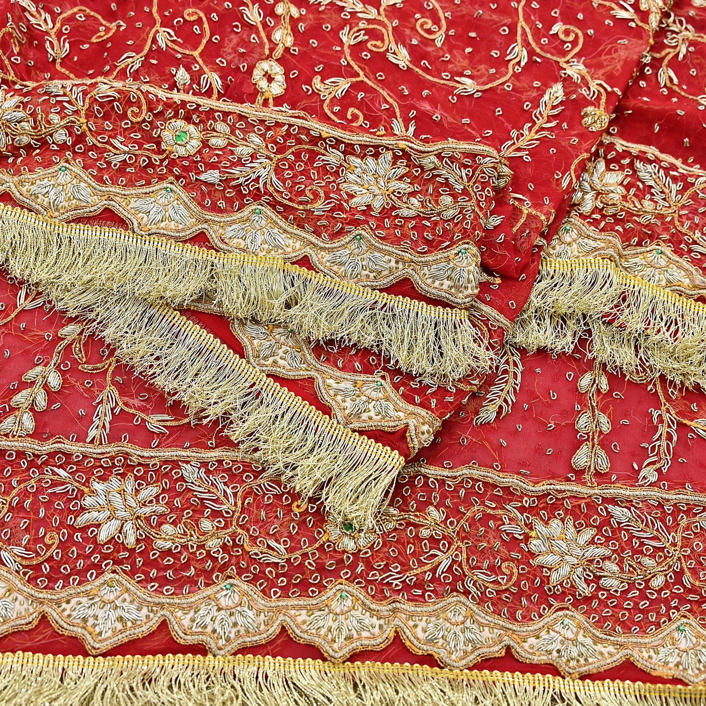 Indian Vintage Heavy Bridal Red Dupatta Pure Chiffon Silk Long Stole Hand Embroidered Scarf Zardozi/Dabka Zari Sequins Wedding Veil Hijab