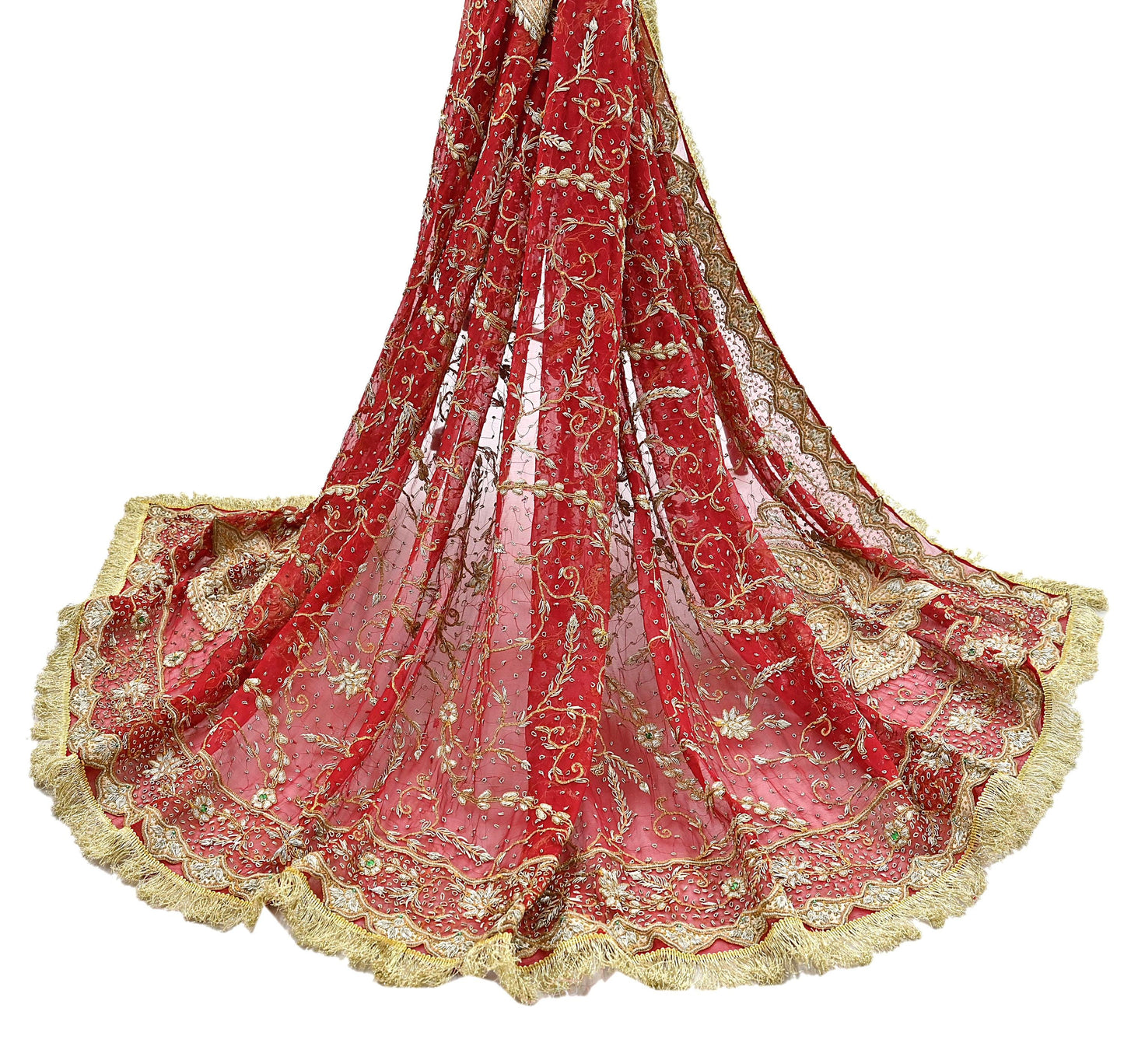 Indian Vintage Heavy Bridal Red Dupatta Pure Chiffon Silk Long Stole Hand Embroidered Scarf Zardozi/Dabka Zari Sequins Wedding Veil Hijab