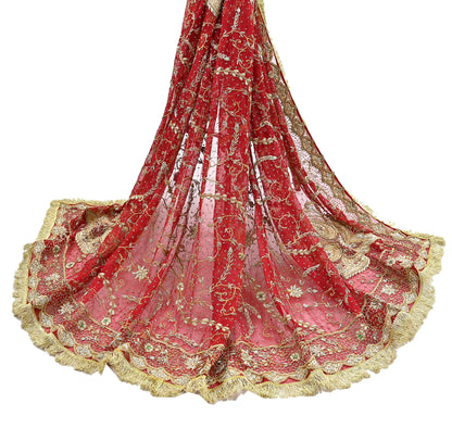 Indian Vintage Heavy Bridal Red Dupatta Pure Chiffon Silk Long Stole Hand Embroidered Scarf Zardozi/Dabka Zari Sequins Wedding Veil Hijab