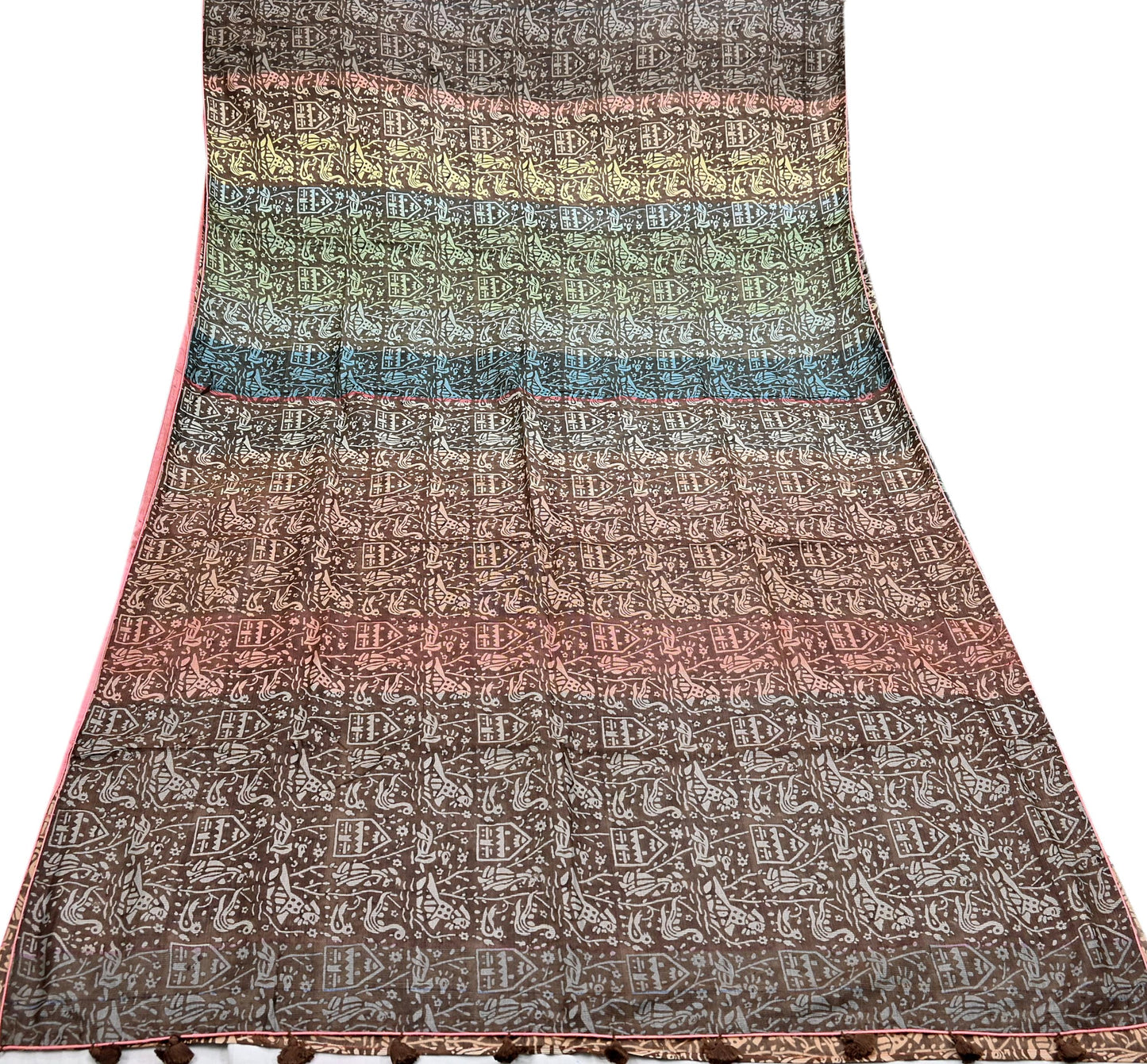 Indian Vintage Brown & Multi Saree Pure Khadi Silk Handloom Printed Sari Fabric 5yd Ethnic Wear Sari Birds Designs Dress making Crafting