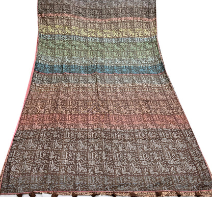 Indian Vintage Brown & Multi Saree Pure Khadi Silk Handloom Printed Sari Fabric 5yd Ethnic Wear Sari Birds Designs Dress making Crafting