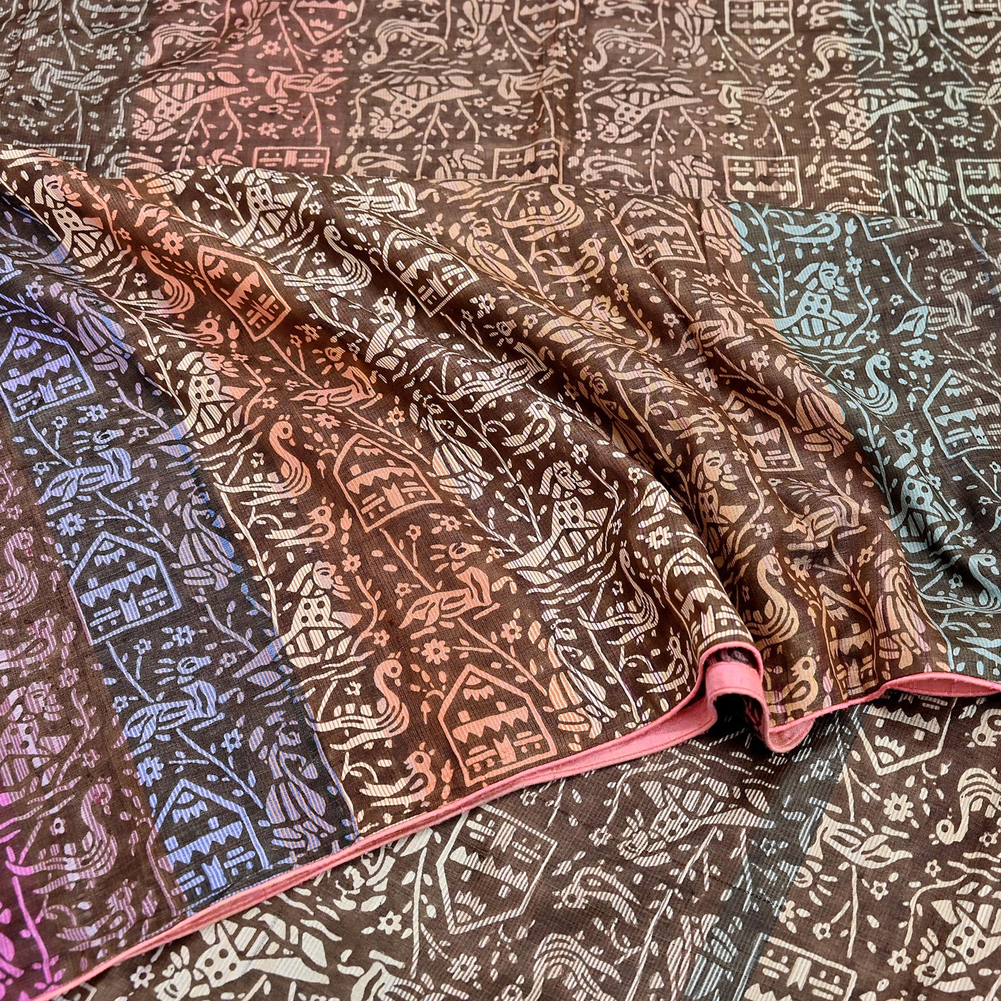 Indian Vintage Brown & Multi Saree Pure Khadi Silk Handloom Printed Sari Fabric 5yd Ethnic Wear Sari Birds Designs Dress making Crafting
