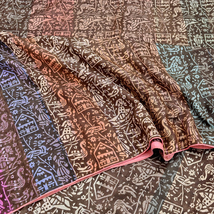 Indian Vintage Brown & Multi Saree Pure Khadi Silk Handloom Printed Sari Fabric 5yd Ethnic Wear Sari Birds Designs Dress making Crafting