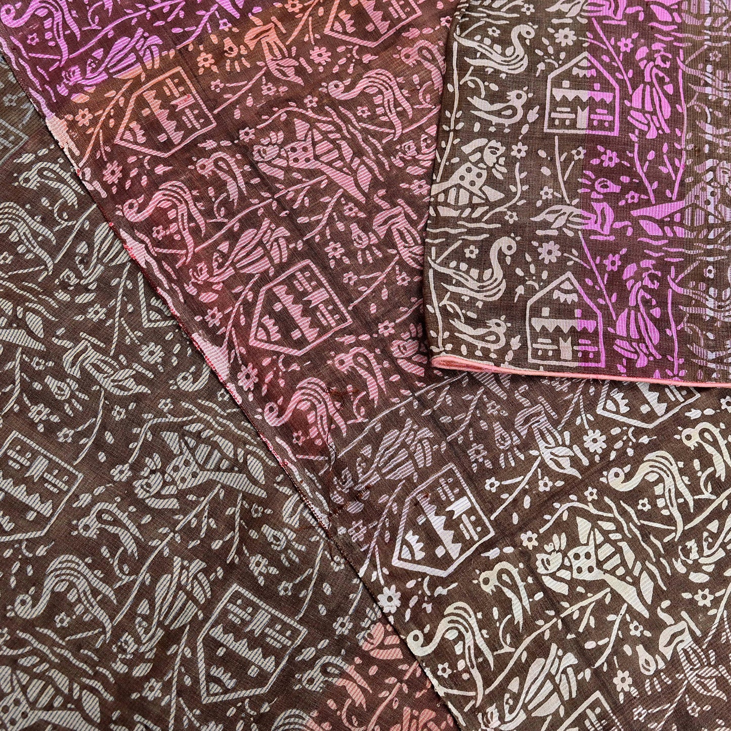 Indian Vintage Brown & Multi Saree Pure Khadi Silk Handloom Printed Sari Fabric 5yd Ethnic Wear Sari Birds Designs Dress making Crafting