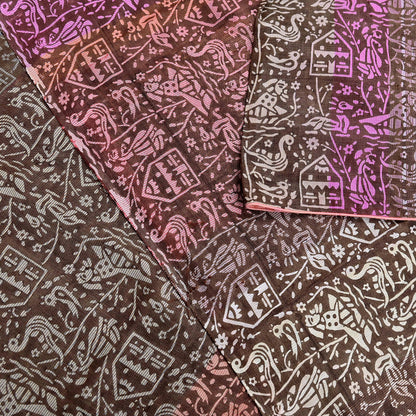 Indian Vintage Brown & Multi Saree Pure Khadi Silk Handloom Printed Sari Fabric 5yd Ethnic Wear Sari Birds Designs Dress making Crafting