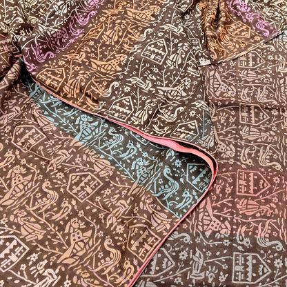 Indian Vintage Brown & Multi Saree Pure Khadi Silk Handloom Printed Sari Fabric 5yd Ethnic Wear Sari Birds Designs Dress making Crafting