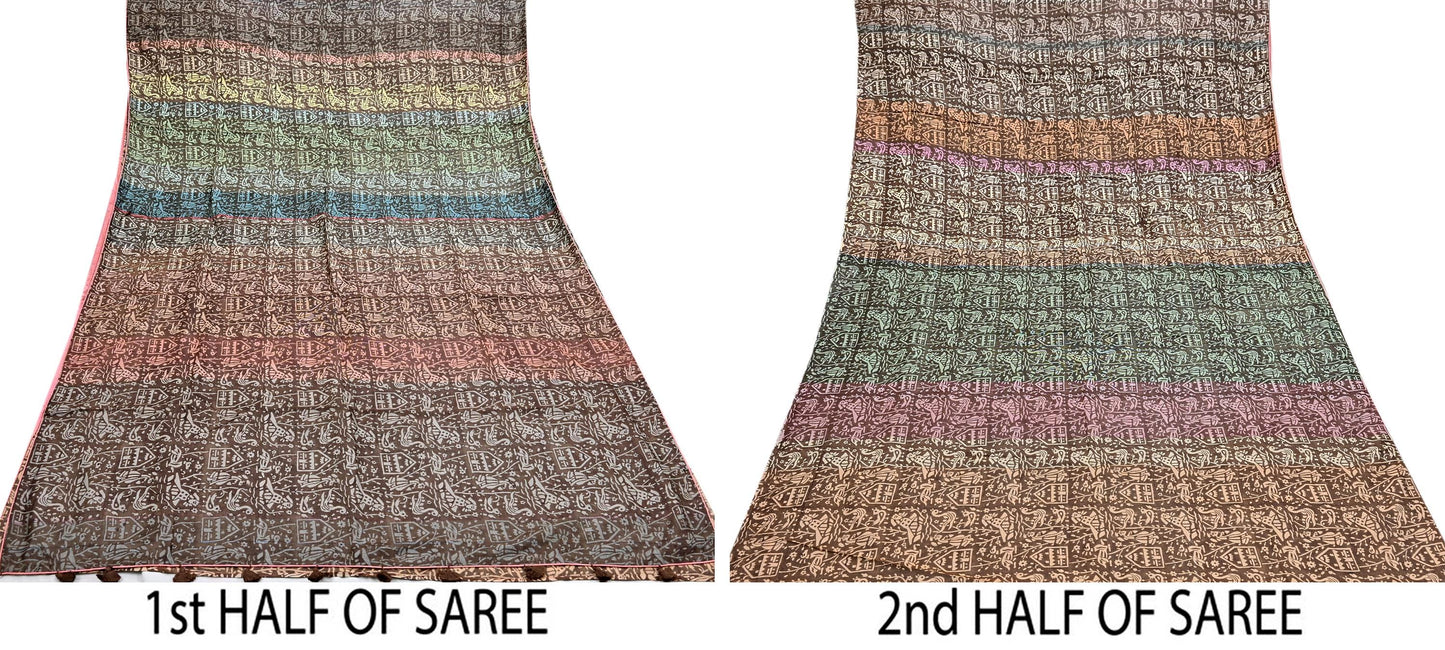 Indian Vintage Brown & Multi Saree Pure Khadi Silk Handloom Printed Sari Fabric 5yd Ethnic Wear Sari Birds Designs Dress making Crafting