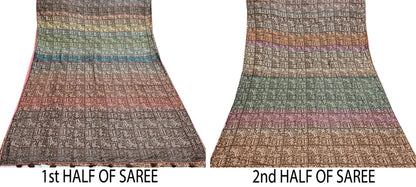 Indian Vintage Brown & Multi Saree Pure Khadi Silk Handloom Printed Sari Fabric 5yd Ethnic Wear Sari Birds Designs Dress making Crafting