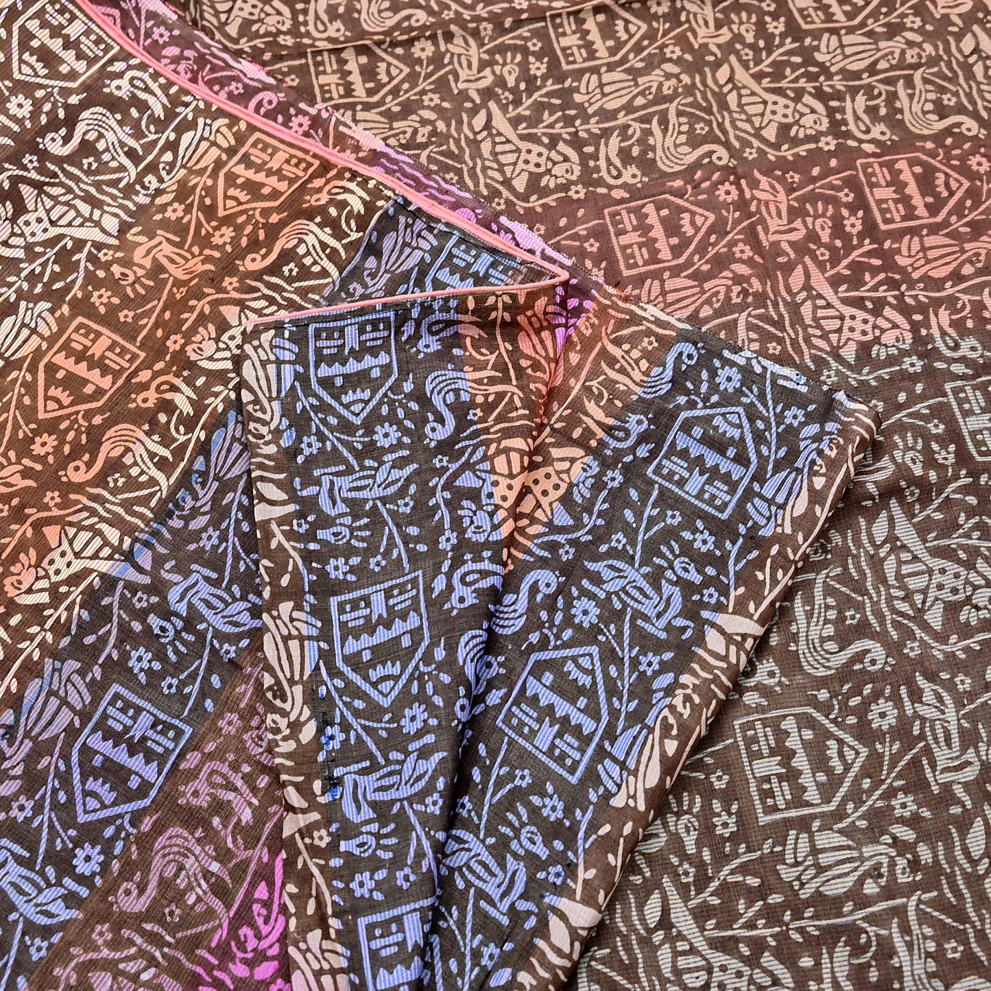 Indian Vintage Brown & Multi Saree Pure Khadi Silk Handloom Printed Sari Fabric 5yd Ethnic Wear Sari Birds Designs Dress making Crafting