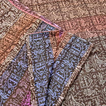 Indian Vintage Brown & Multi Saree Pure Khadi Silk Handloom Printed Sari Fabric 5yd Ethnic Wear Sari Birds Designs Dress making Crafting