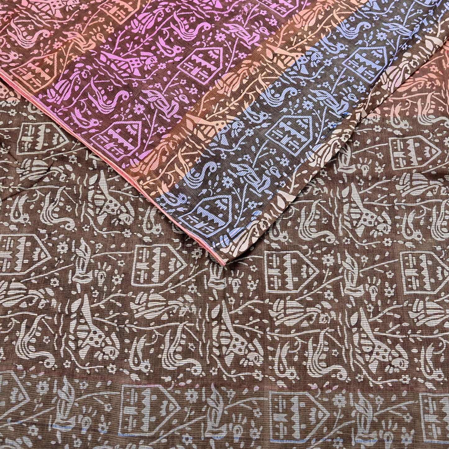 Indian Vintage Brown & Multi Saree Pure Khadi Silk Handloom Printed Sari Fabric 5yd Ethnic Wear Sari Birds Designs Dress making Crafting