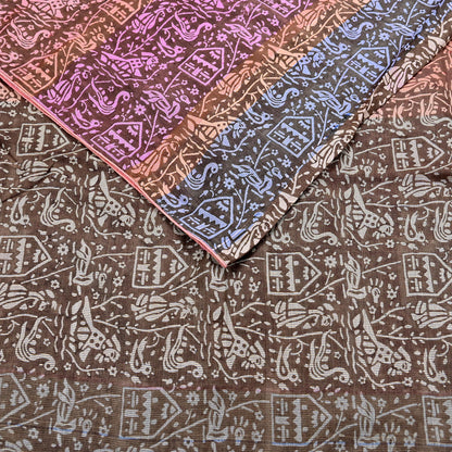 Indian Vintage Brown & Multi Saree Pure Khadi Silk Handloom Printed Sari Fabric 5yd Ethnic Wear Sari Birds Designs Dress making Crafting