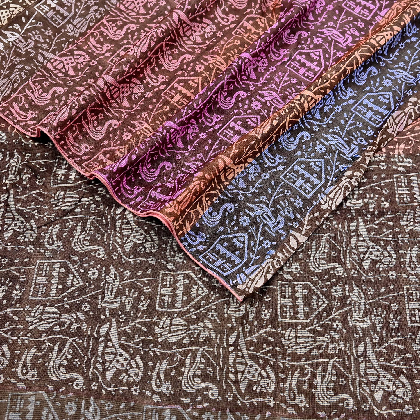 Indian Vintage Brown & Multi Saree Pure Khadi Silk Handloom Printed Sari Fabric 5yd Ethnic Wear Sari Birds Designs Dress making Crafting