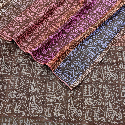 Indian Vintage Brown & Multi Saree Pure Khadi Silk Handloom Printed Sari Fabric 5yd Ethnic Wear Sari Birds Designs Dress making Crafting