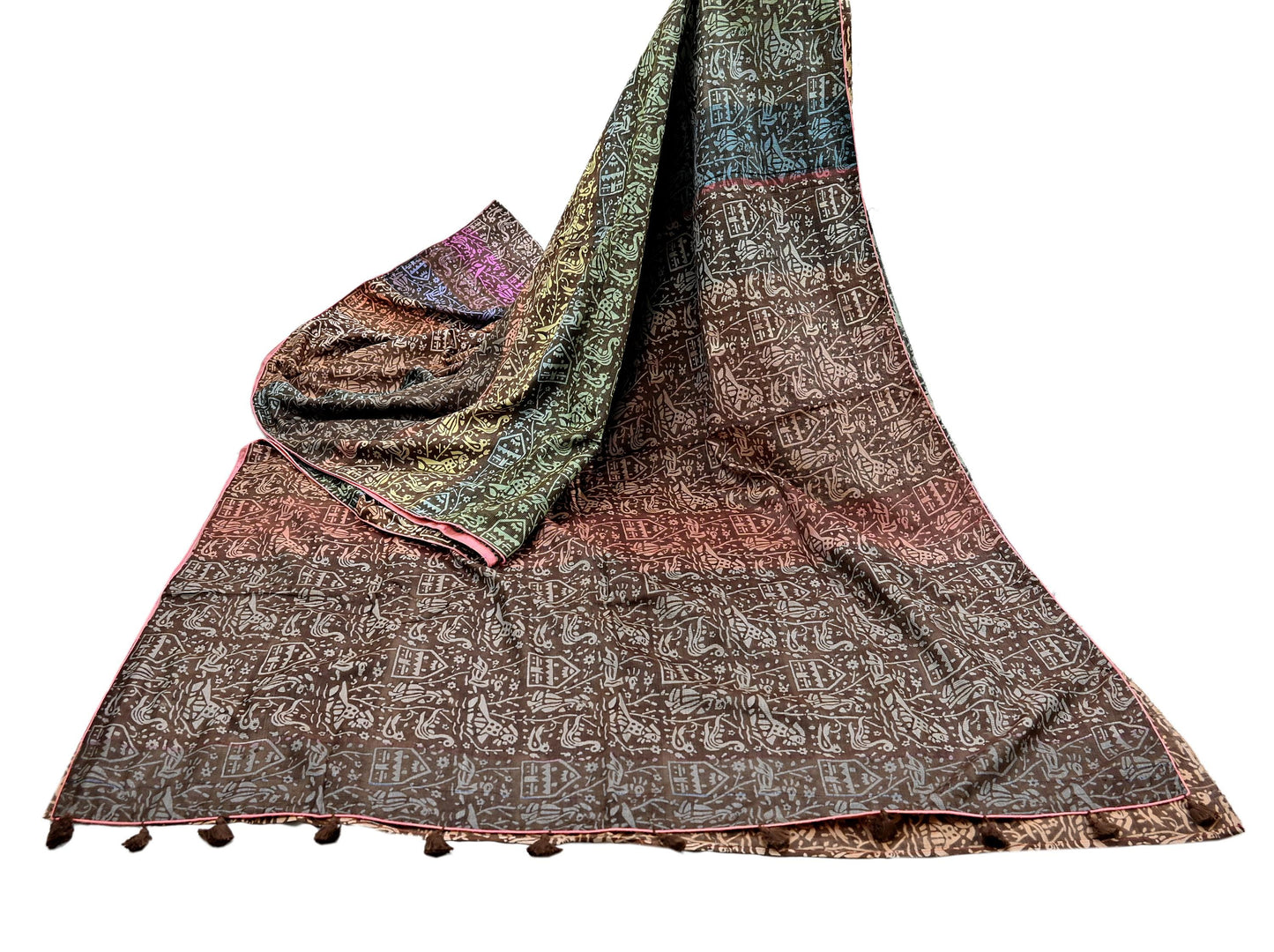 Indian Vintage Brown & Multi Saree Pure Khadi Silk Handloom Printed Sari Fabric 5yd Ethnic Wear Sari Birds Designs Dress making Crafting