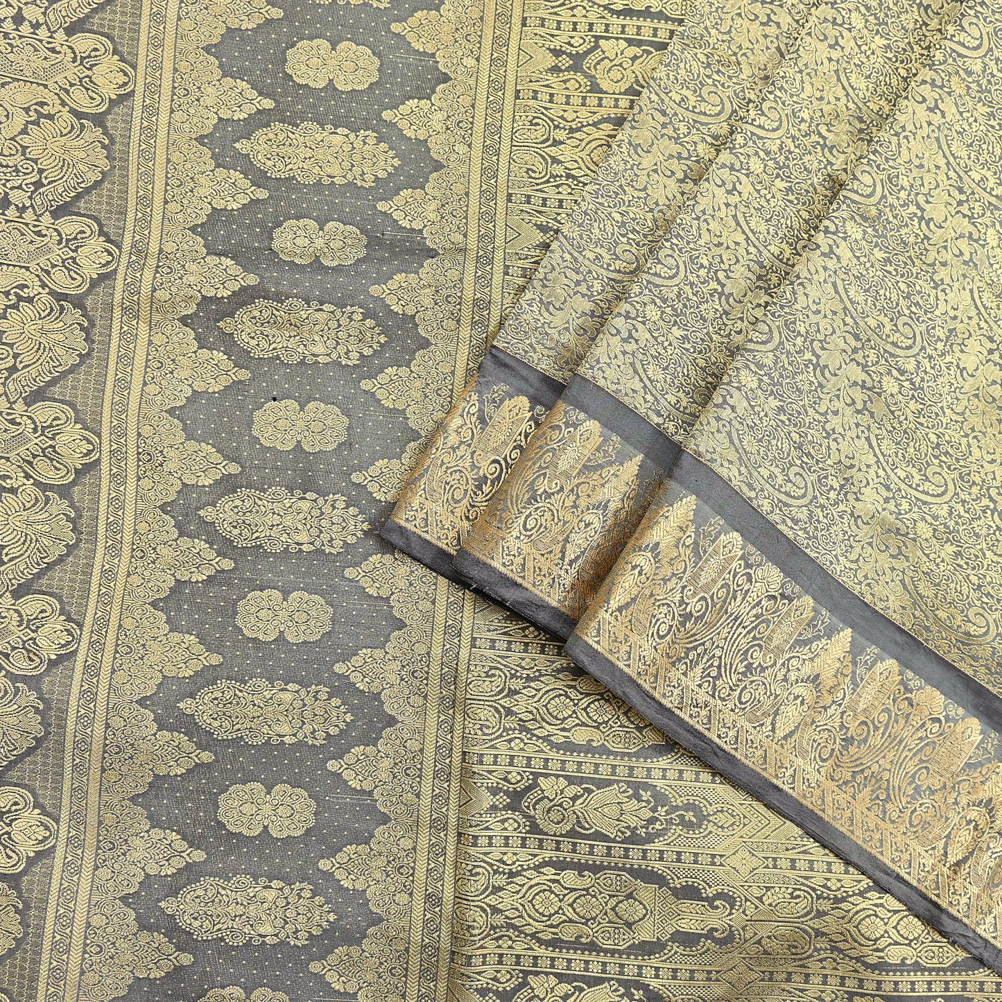 Indian Antique Vintage Gray Kanjivaram Saree Handwoven 100% Pure Silk Heavy Zari Work 5 Yards Craft Fabric for Sewing, Dressmaking