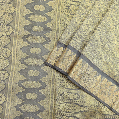 Indian Antique Vintage Gray Kanjivaram Saree Handwoven 100% Pure Silk Heavy Zari Work 5 Yards Craft Fabric for Sewing, Dressmaking