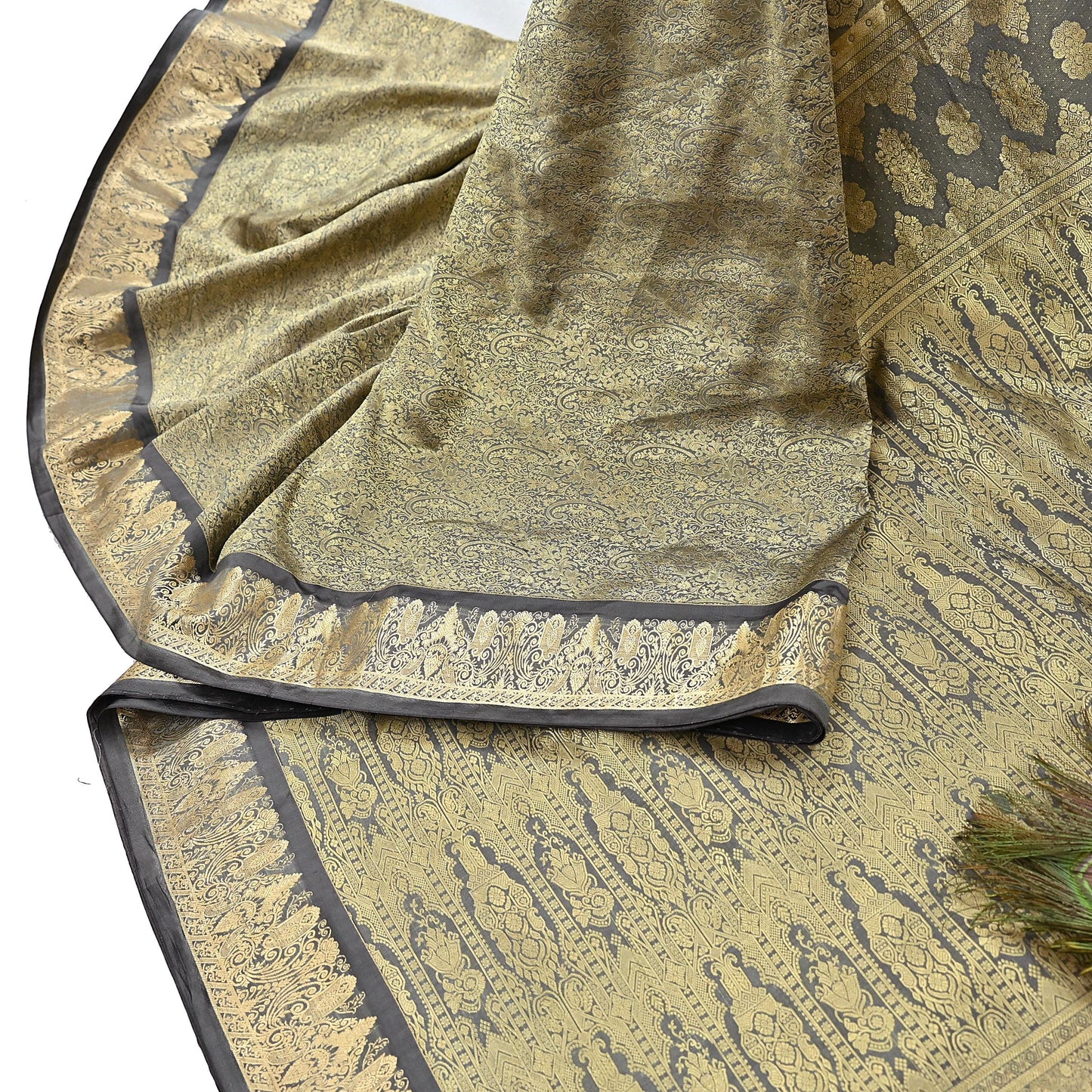 Indian Antique Vintage Gray Kanjivaram Saree Handwoven 100% Pure Silk Heavy Zari Work 5 Yards Craft Fabric for Sewing, Dressmaking