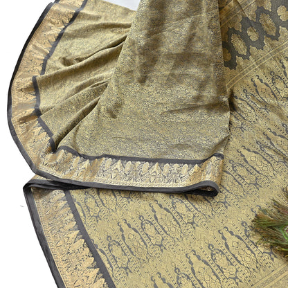 Indian Antique Vintage Gray Kanjivaram Saree Handwoven 100% Pure Silk Heavy Zari Work 5 Yards Craft Fabric for Sewing, Dressmaking