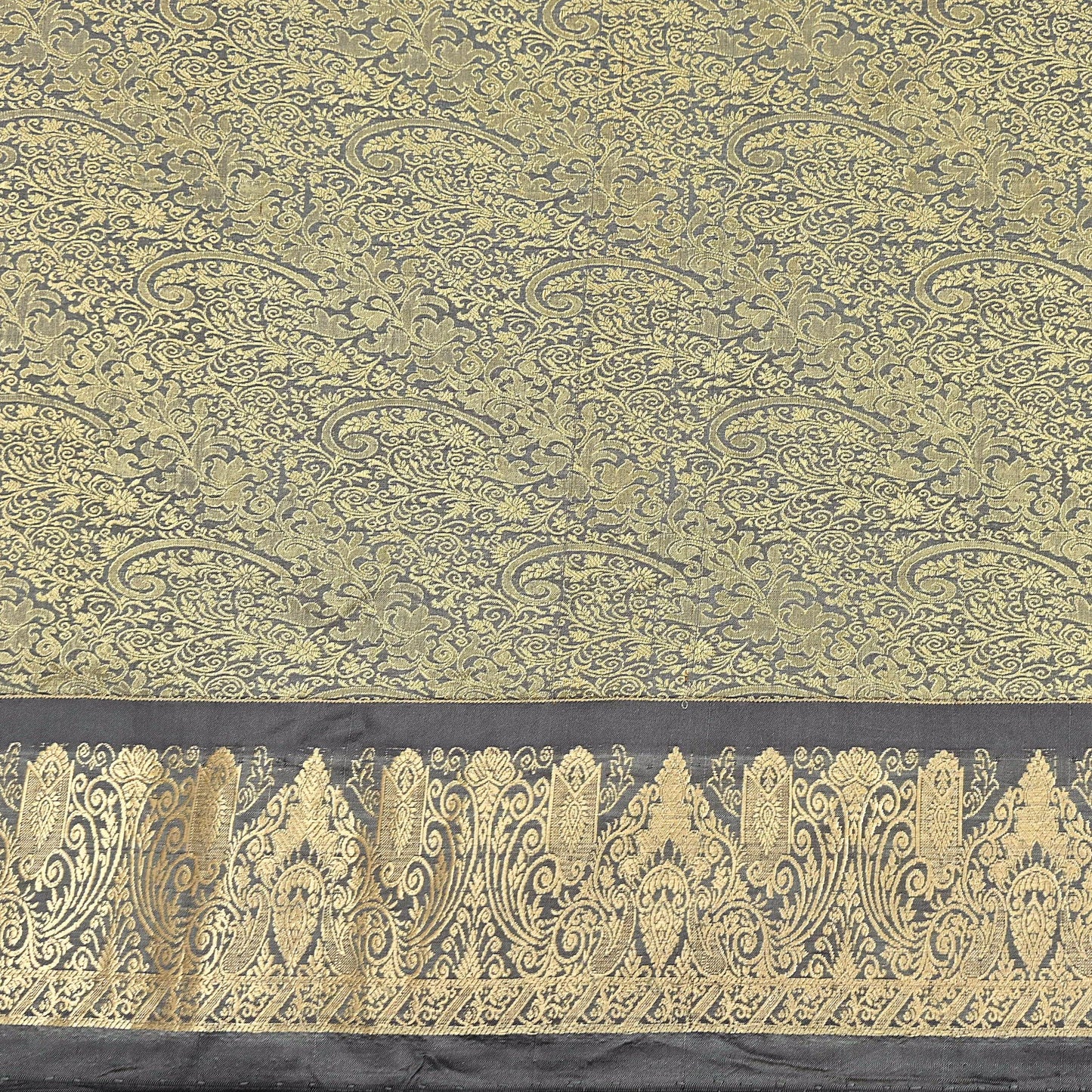 Indian Antique Vintage Gray Kanjivaram Saree Handwoven 100% Pure Silk Heavy Zari Work 5 Yards Craft Fabric for Sewing, Dressmaking