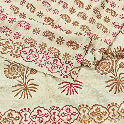 Indian Vintage Ivory Dupatta Long Stole 100% Pure Khadi Silk Hand Woven/ Painted Indian Scarves Veil Scarf Wrap Hippie Fringes