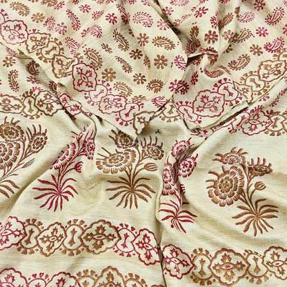 Indian Vintage Ivory Dupatta Long Stole 100% Pure Khadi Silk Hand Woven/ Painted Indian Scarves Veil Scarf Wrap Hippie Fringes