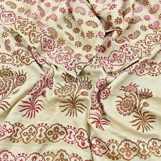 Indian Vintage Ivory Dupatta Long Stole 100% Pure Khadi Silk Hand Woven/ Painted Indian Scarves Veil Scarf Wrap Hippie Fringes