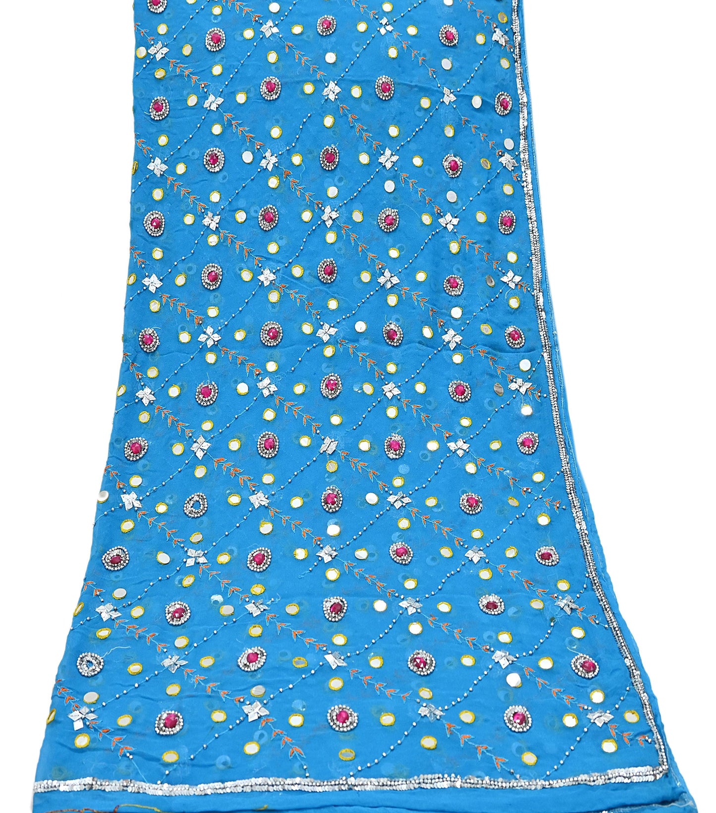 Indian Vintage Blue Dupatta Pure Georgette silk Long Stole Hand Embroidered Scarves Stole Veil Wrap Sequins