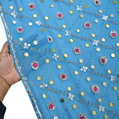 Indian Vintage Blue Dupatta Pure Georgette silk Long Stole Hand Embroidered Scarves Stole Veil Wrap Sequins