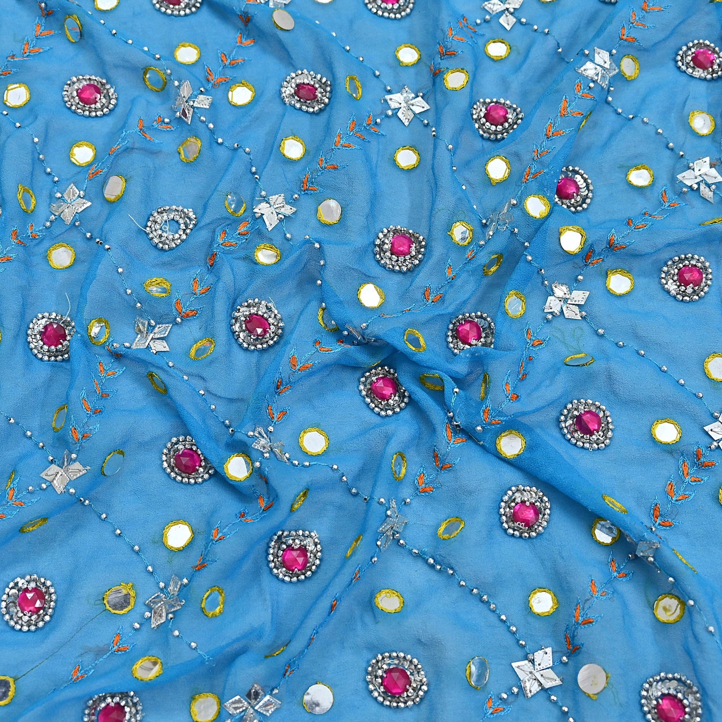 Indian Vintage Blue Dupatta Pure Georgette silk Long Stole Hand Embroidered Scarves Stole Veil Wrap Sequins