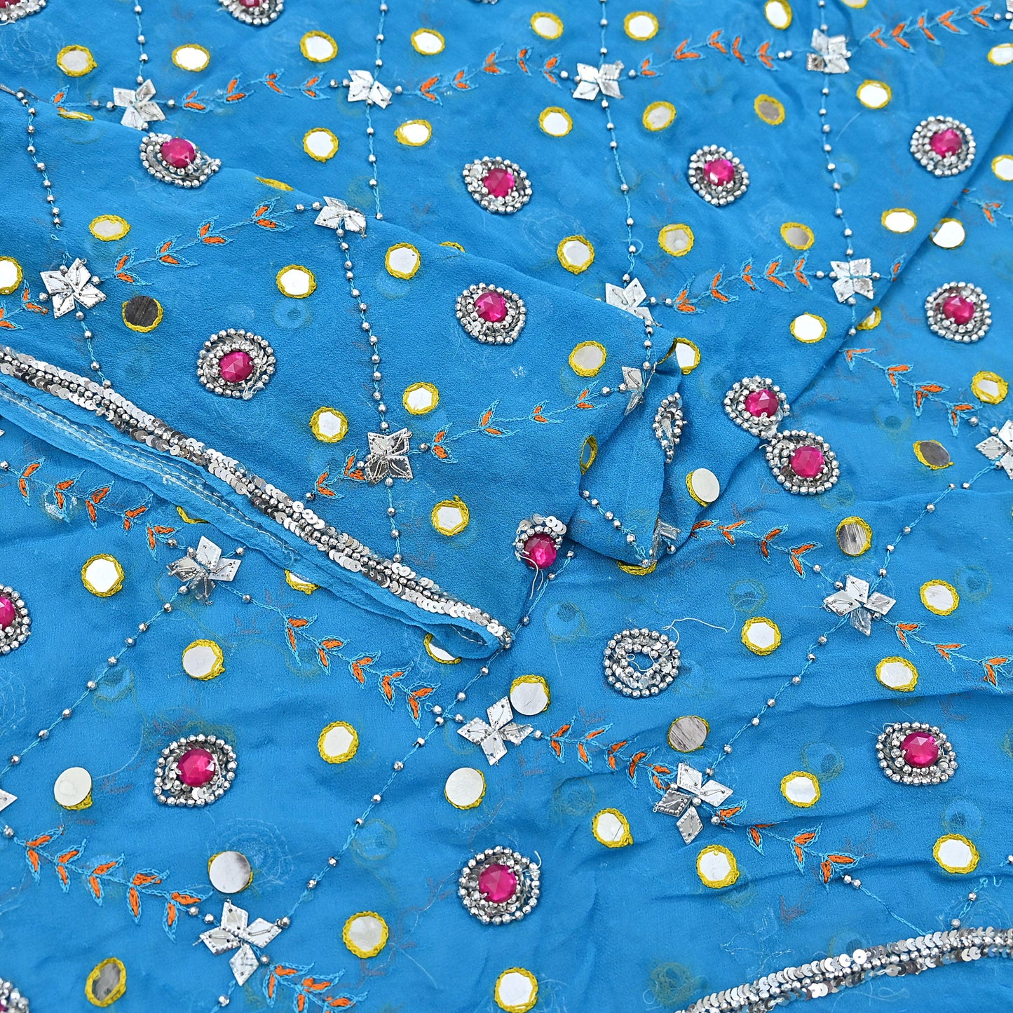 Indian Vintage Blue Dupatta Pure Georgette silk Long Stole Hand Embroidered Scarves Stole Veil Wrap Sequins