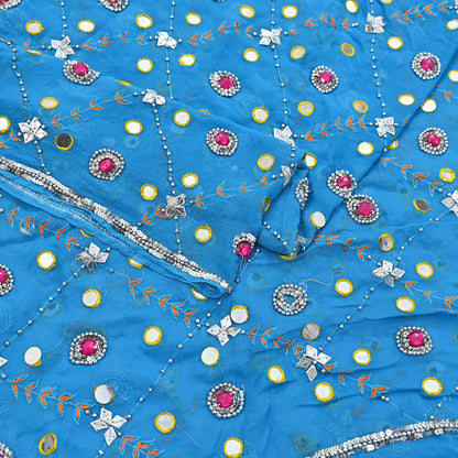 Indian Vintage Blue Dupatta Pure Georgette silk Long Stole Hand Embroidered Scarves Stole Veil Wrap Sequins