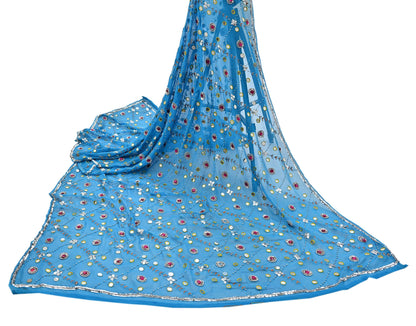 Indian Vintage Blue Dupatta Pure Georgette silk Long Stole Hand Embroidered Scarves Stole Veil Wrap Sequins