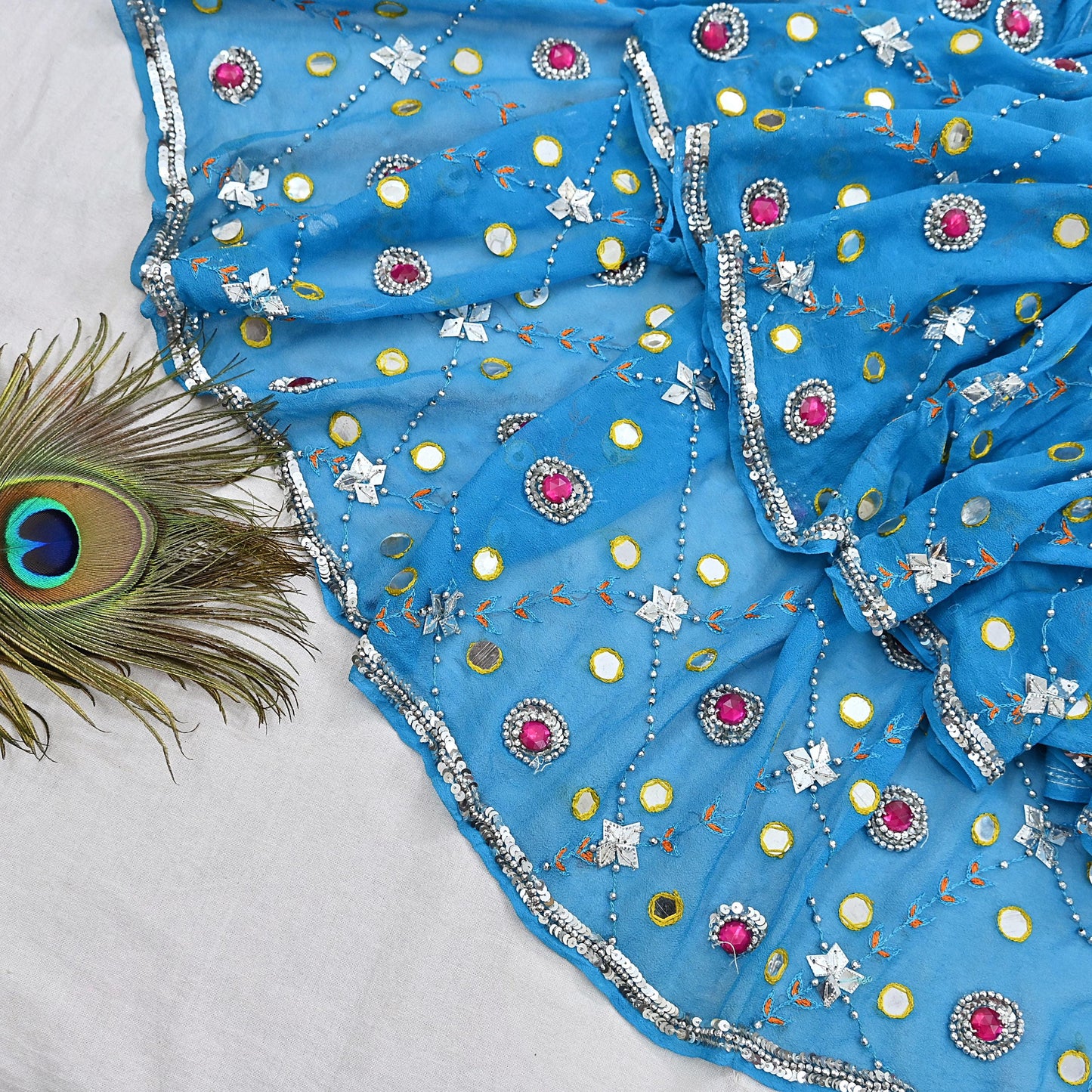 Indian Vintage Blue Dupatta Pure Georgette silk Long Stole Hand Embroidered Scarves Stole Veil Wrap Sequins