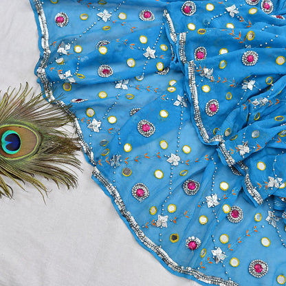 Indian Vintage Blue Dupatta Pure Georgette silk Long Stole Hand Embroidered Scarves Stole Veil Wrap Sequins