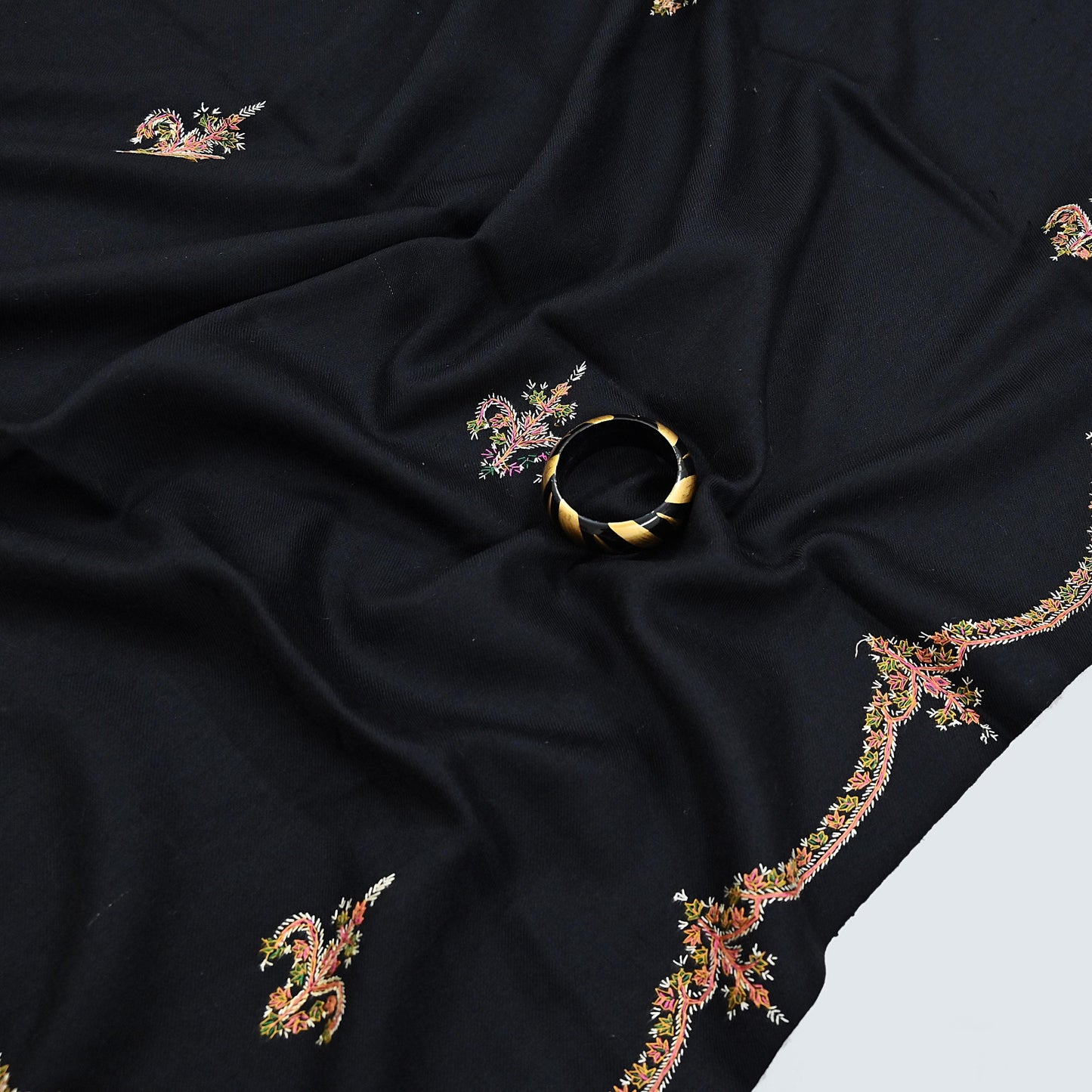 Indian Vintage Black Shawl Pure Woolen Handmade Suzani Long Throw Stole Warm Floral Design Soft Cozy