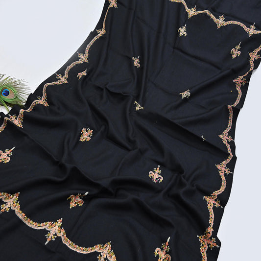 Indian Vintage Black Shawl Pure Woolen Handmade Suzani Long Throw Stole Warm Floral Design Soft Cozy