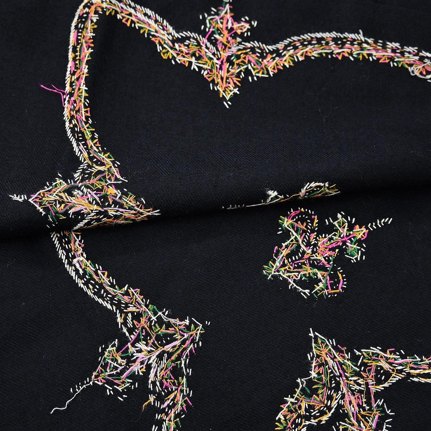 Indian Vintage Black Shawl Pure Woolen Handmade Suzani Long Throw Stole Warm Floral Design Soft Cozy