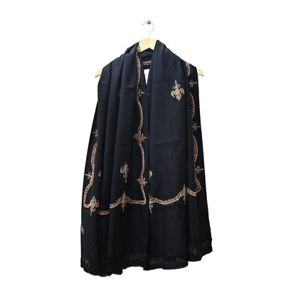 Indian Vintage Black Shawl Pure Woolen Handmade Suzani Long Throw Stole Warm Floral Design Soft Cozy