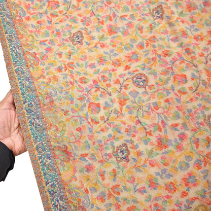 Indian Vintage Beige Pure Woolen Shawl Handmade Woven Jamawar Work Long Throw Stole Warm Paisley Design Soft