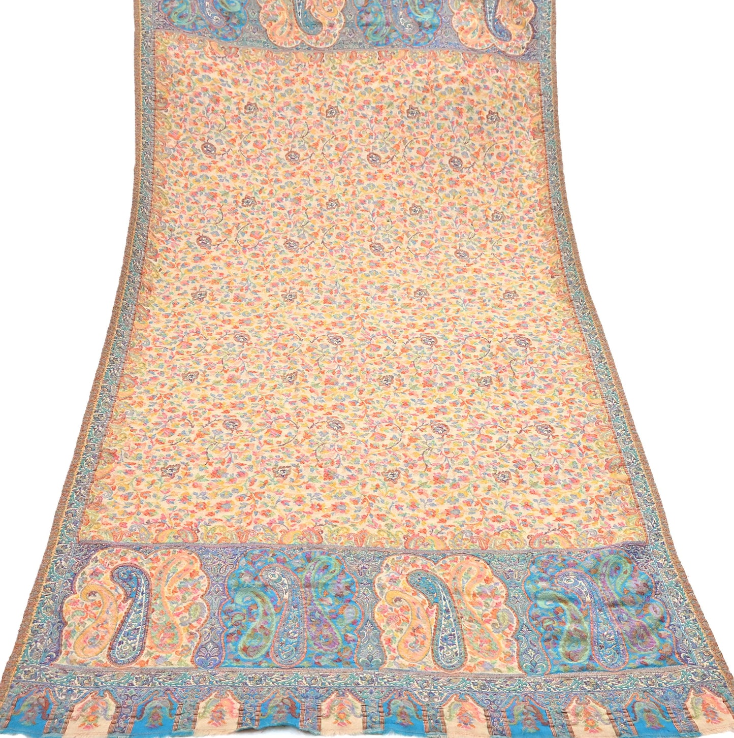 Indian Vintage Beige Pure Woolen Shawl Handmade Woven Jamawar Work Long Throw Stole Warm Paisley Design Soft