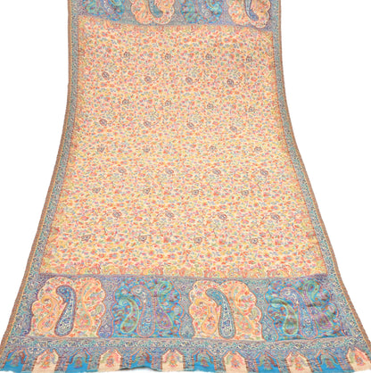 Indian Vintage Beige Pure Woolen Shawl Handmade Woven Jamawar Work Long Throw Stole Warm Paisley Design Soft