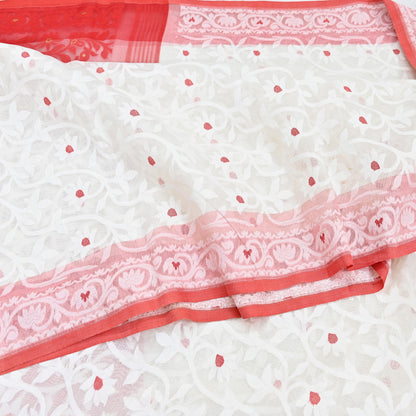 Indian Vintage Sarees Red & White Cotton Hand Woven Jamdani Sari 5yd Ethnic Floral Craft Fabric Dress making Upcycle Crafting Quilting Zari